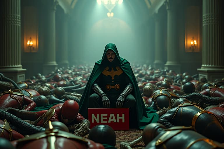  award winning photography,doctor doom as robert downey jr. , sitting on an enormous pile of dead heros in a mansion,sign in front reads (modelsalb), 35mm photograph, film, bokeh, professional, 4k, highly detailed. embedding:ezrealponyxl, 8k hyperrealistic, full body, detailed clothing, highly detailed, cinematic lighting, stunningly beautiful, intricate, sharp focus, f/1. 8, 85mm, (centered image composition), (professionally color graded), ((bright soft diffused light)), volumetric fog, trending on instagram, trending on tumblr, HDR 4K, 8K