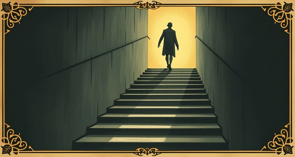  a figure walking up a staircase of light, growing brighter with each step, luminous, progressive, ascending. an illustration in the style of a worn, mystical old tarot trump card, mysterious and elements of surrealism. the colors are muted, somber and eerie, but with contrast bring out an occult and esoteric vibe.