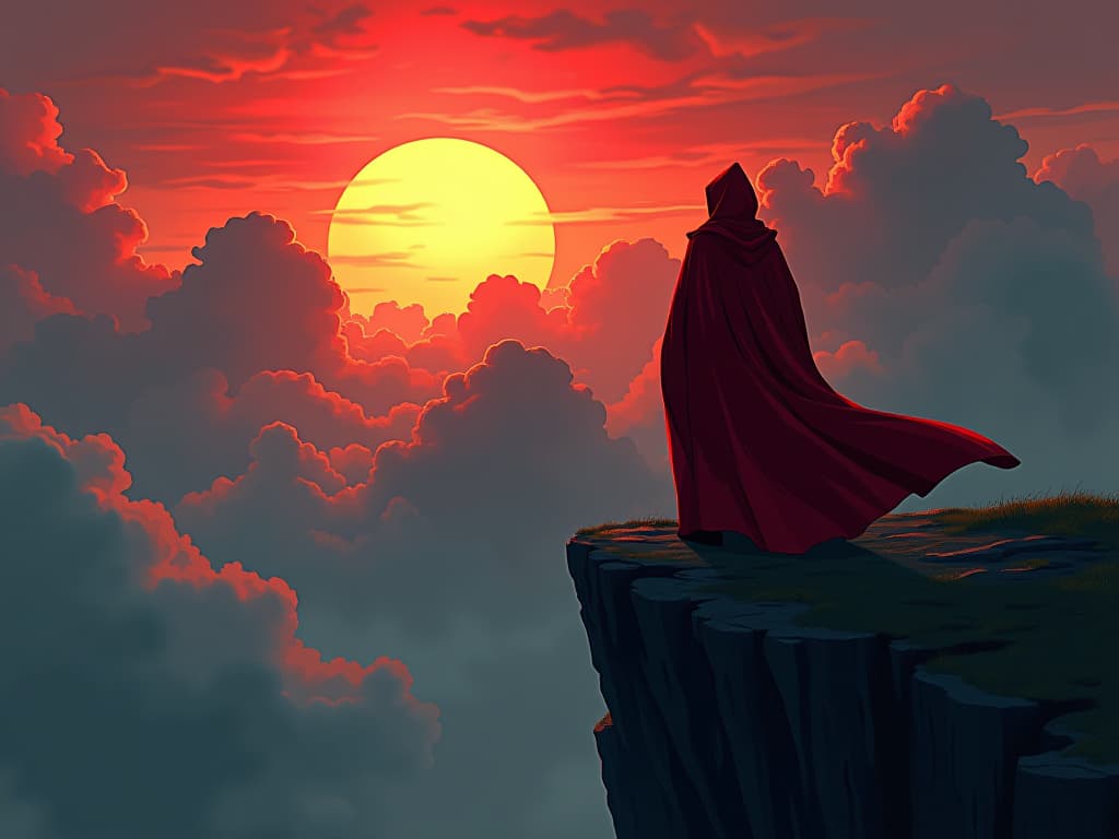  figure in red robes, standing on the edge of a cliff, sunrise breaking through clouds, dynamic energy of newfound motivation. the style is digital art illustration / modern comic book / graphic dark novel fantasy and mysterious occult, symbolic, moody lighting, esoteric vibe,high detail on character design. for the color scheme emphasize blacks and reds.