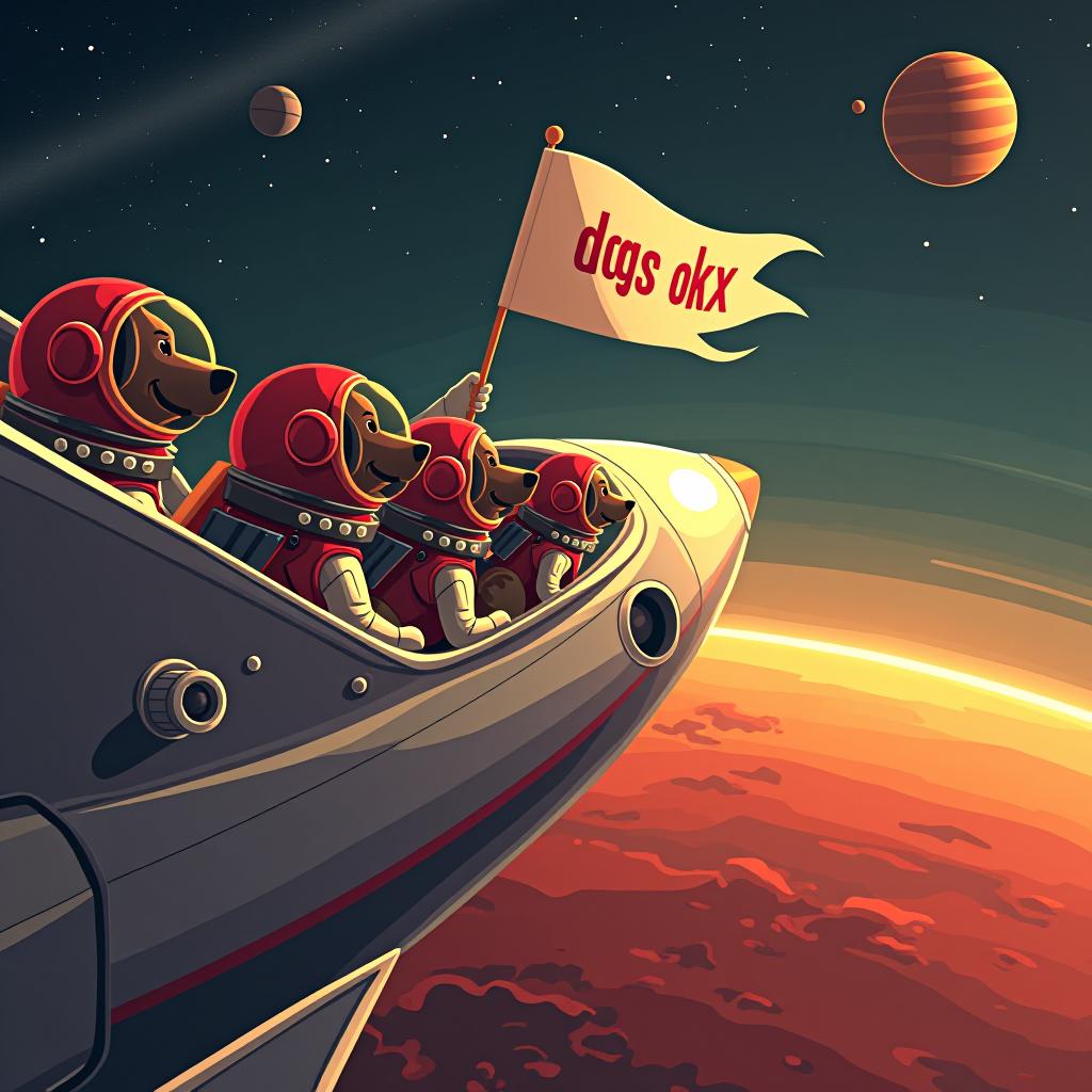  an image of several dogs in spacesuits, flying in a rocket towards mars. the rocket is sleek and futuristic, soaring through space with stars and planets visible in the background. as the rocket approaches mars, one of the dogs proudly holds a flag outside the window. the flag flutters with the phrase 'dogs okx' boldly written in capital letters. the scene captures the excitement and adventure of the dogs' mission, with the red surface of mars looming ahead and the vastness of space surrounding them.