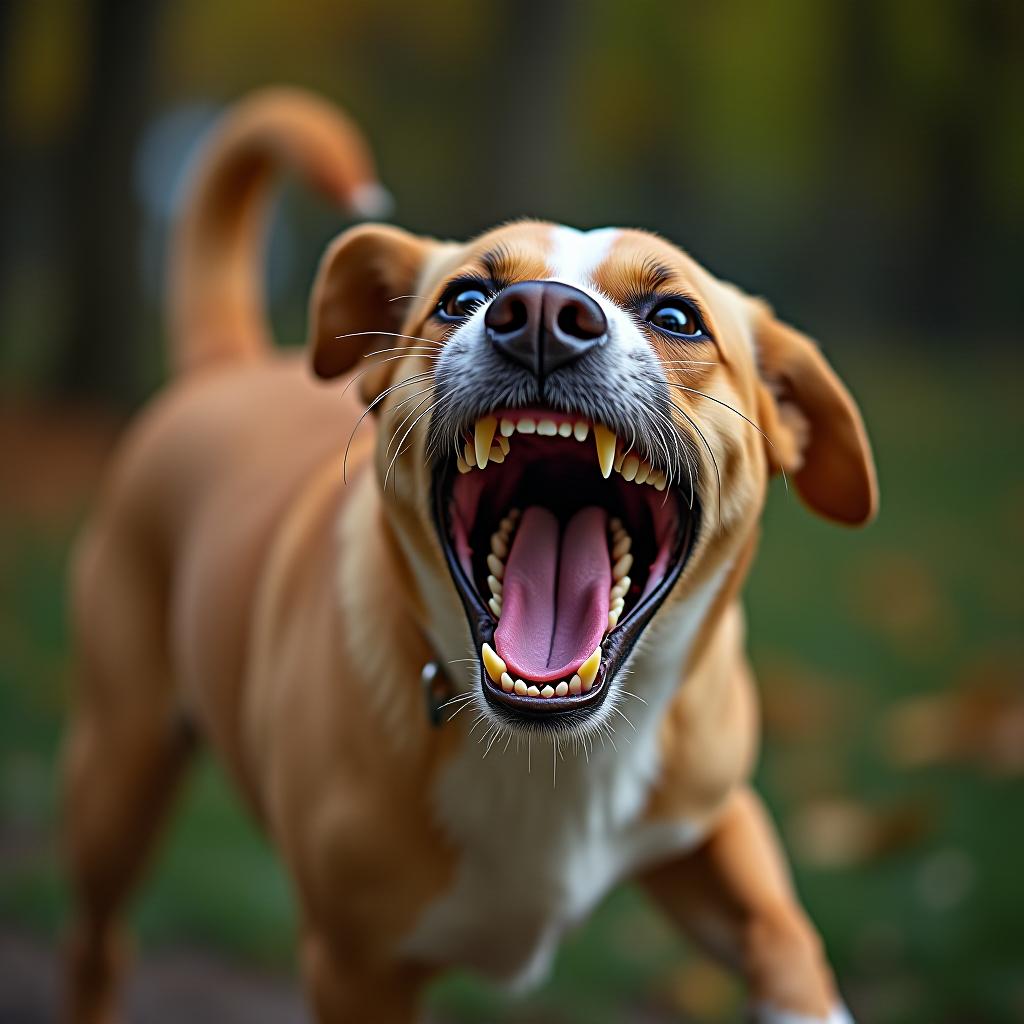  an aggressive dog growling and attacking, a dangerous dog showing it's teeth