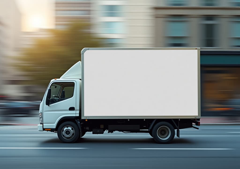  empty blank white mockup on the small truck vehicle driving through the city street, template for advertisement. commercial business transport delivery cargo, side view