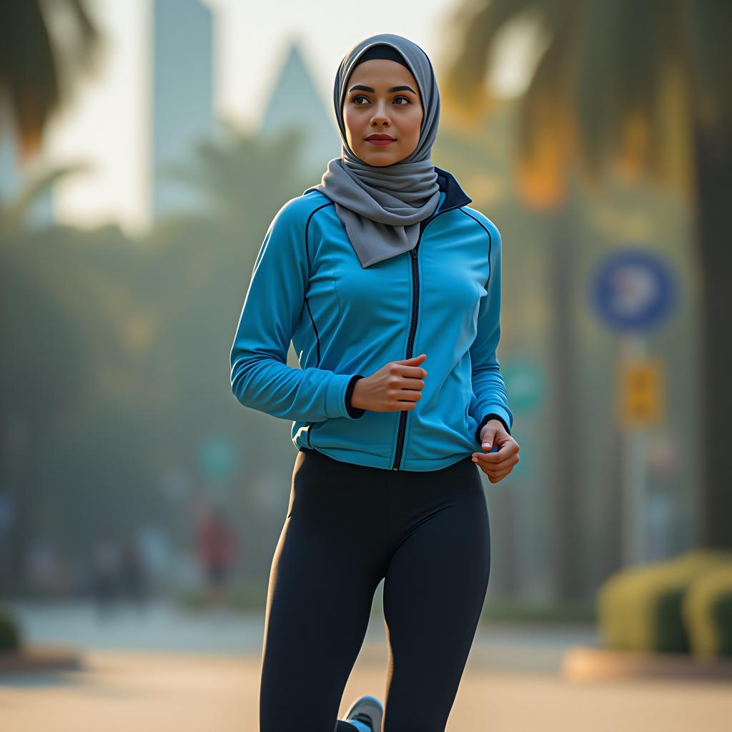  "create a sporty hijab look featuring a moisture wicking jersey hijab in light grey, styled in a turban wrap. pair it with a zip up athletic jacket in electric blue and black high waisted leggings. the outfit should be completed with breathable running shoes and a wristband for an active, on the go vibe suitable for workouts or outdoor sports."  hyperrealistic, full body, detailed clothing, highly detailed, cinematic lighting, stunningly beautiful, intricate, sharp focus, f/1. 8, 85mm, (centered image composition), (professionally color graded), ((bright soft diffused light)), volumetric fog, trending on instagram, trending on tumblr, HDR 4K, 8K