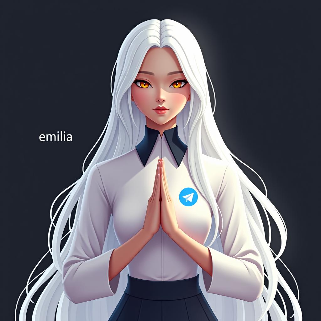  design an ai generated character inspired by emilia from re:zero. she should have long white hair and a graceful presence, dressed in a shirt with the telegram icon. the character should be posed in a traditional indian namaste gesture, exuding calm and elegance. add the text 'emilia' in a sleek, modern font near the character, with a minimal background to keep the focus on her