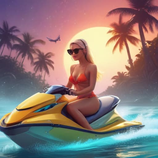 Tropical hipster music producer playing synths and riding jet ski female extra sexy pixie blonde in Cartoon style with Space background