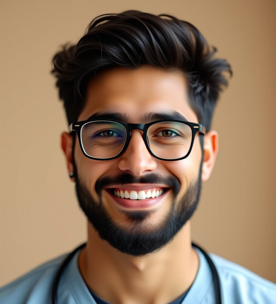  medical student beige warm skin tone beautiful smile smile lines and eye lines beard black and black hair black ryes glasses dreamy eyes nice guy and smart