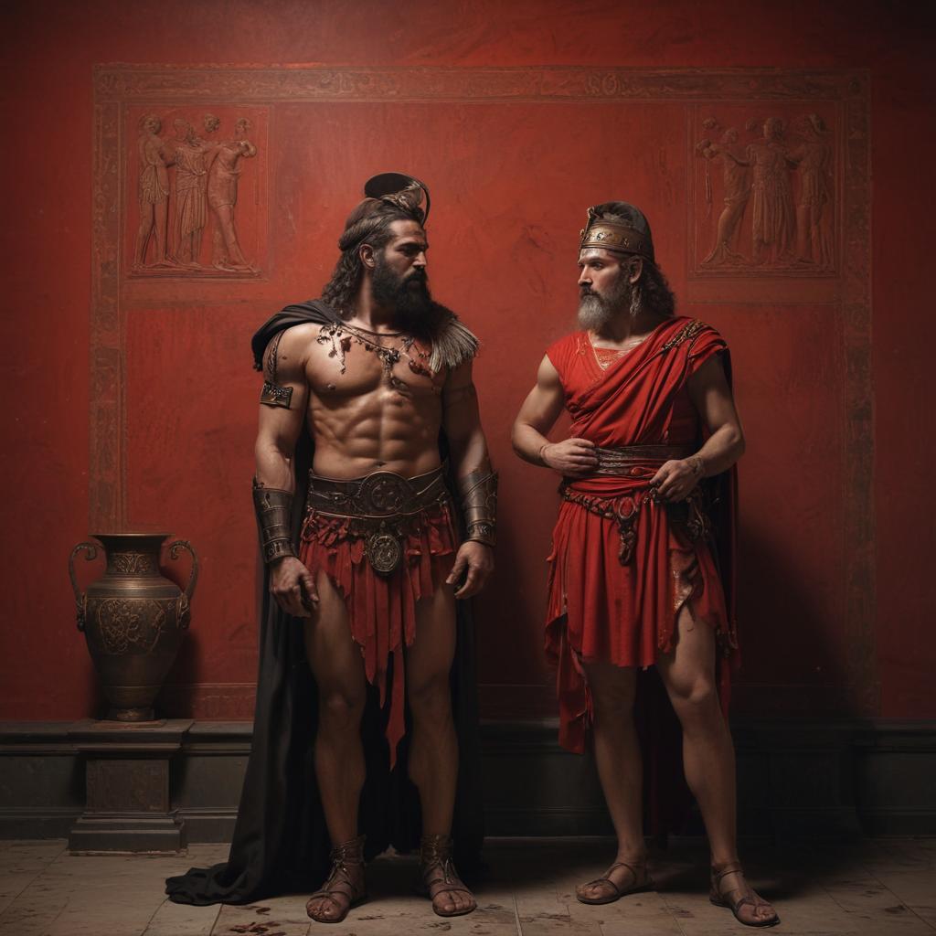 A tense moment as Agamemnon wrestles with conflicting emotions, pacing back and forth in a candlelit chamber, maps of Troy on the walls, armor and swords displayed, a portrait of Iphigenia in the corner"in the style of classical Greek pottery art, with intricate black figures on a red background, depicting mythological scenes with a focus on gods and heroes, using a limited color palette of red, black, and white"This image is a breathtaking painting that captures the magical scene with vivid detail. The overall composition is spellbinding, showcasing a perfect harmony. photorealism fantasy, unreal engine 5, concept hyperrealistic, full body, detailed clothing, highly detailed, cinematic lighting, stunningly beautiful, intricate, sharp focus, f/1. 8, 85mm, (centered image composition), (professionally color graded), ((bright soft diffused light)), volumetric fog, trending on instagram, trending on tumblr, HDR 4K, 8K