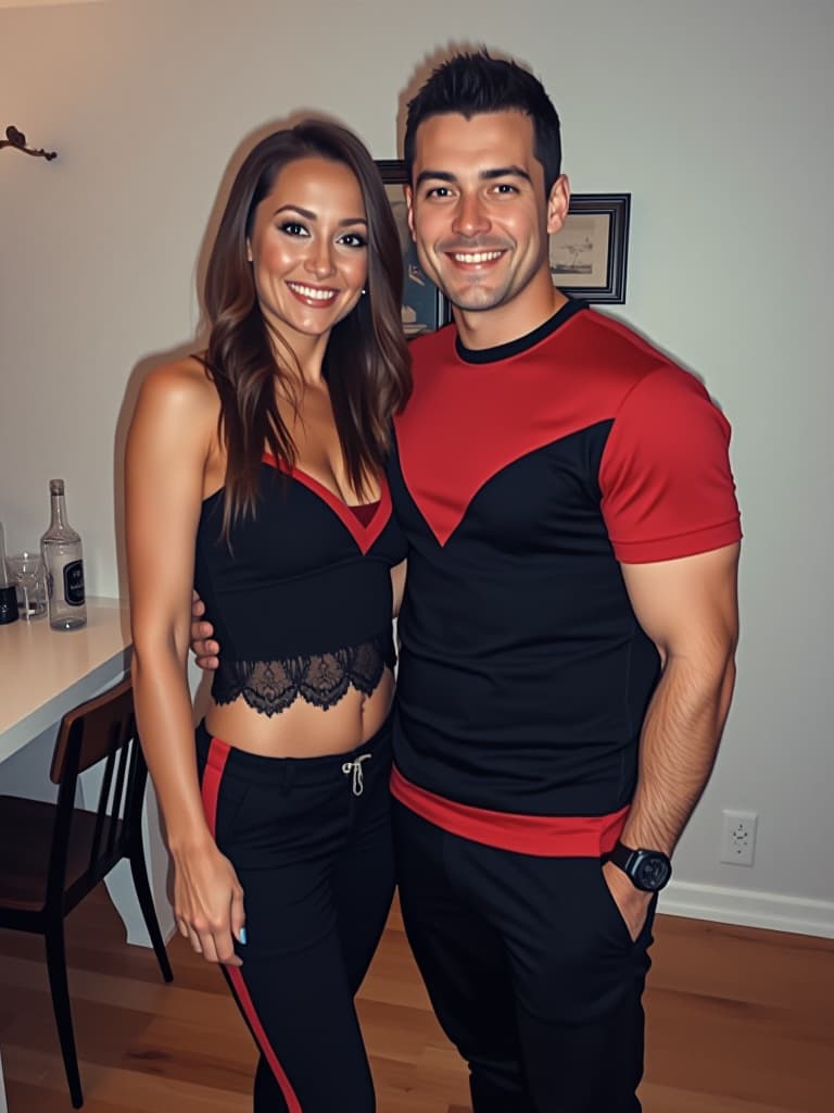  a man and a woman standing next to each other, both wearing black and red outfits. they are posing for a picture, with the woman on the left side and the man on the right. the couple appears to be a gay couple, as indicated by their matching outfits. in the background, there is a dining table with a chair placed on it. a bottle can be seen on the table, and a bowl is also visible in the scene. the overall atmosphere of the image is casual and friendly.