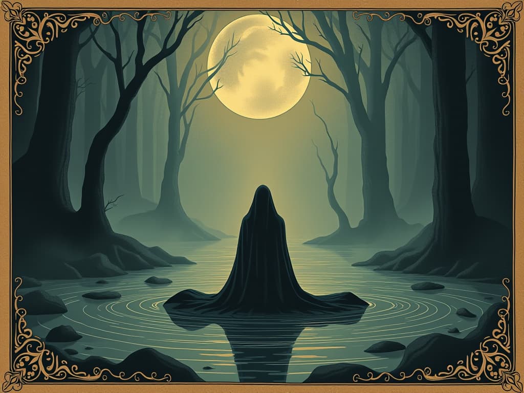  tranquil depths, untouched by surface chaos, serene figure, profound tranquility, sheer strength. an illustration in the style of a worn, mystical old tarot trump card, mysterious and elements of surrealism. the colors are muted, somber and eerie, but with contrast bring out an occult and esoteric vibe.