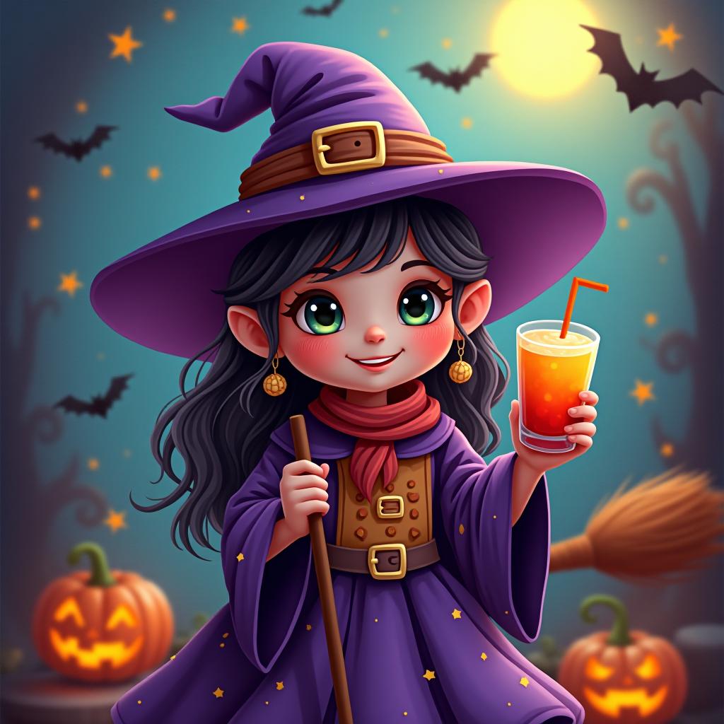  create a digital painting featuring a cute witch character. the witch should be wearing a hat. in one hand, the witch should hold a broomstick, and in the other hand, a halloween themed drink. the background should be colorful and include small black bats, pumpkins and stars to add a playful halloween touch. the overall style should be cute, whimsical, and colorful hyperrealistic, full body, detailed clothing, highly detailed, cinematic lighting, stunningly beautiful, intricate, sharp focus, f/1. 8, 85mm, (centered image composition), (professionally color graded), ((bright soft diffused light)), volumetric fog, trending on instagram, trending on tumblr, HDR 4K, 8K