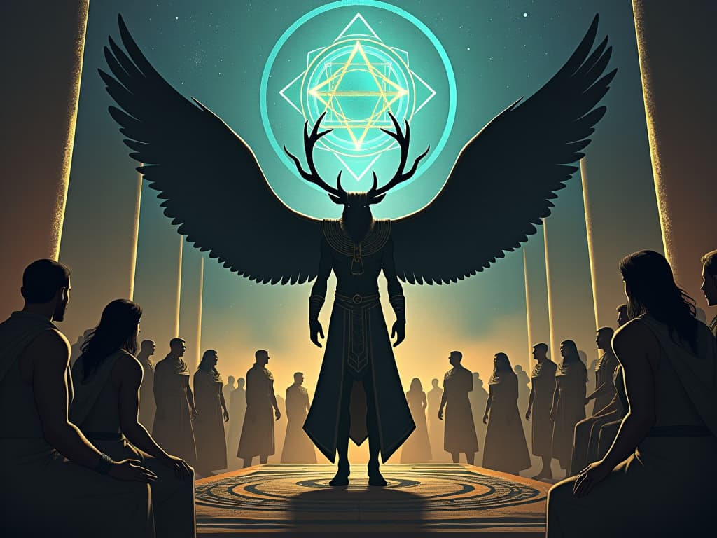  black elk performing a ritual at a sacred site, community gathered around, intense focus, highlighting transformative power. the style is digital art illustration / modern comic book / mysterious occult, symbolic, esoteric vibe,high detail on character design, incorporating ancient egyptian symbology and attire.