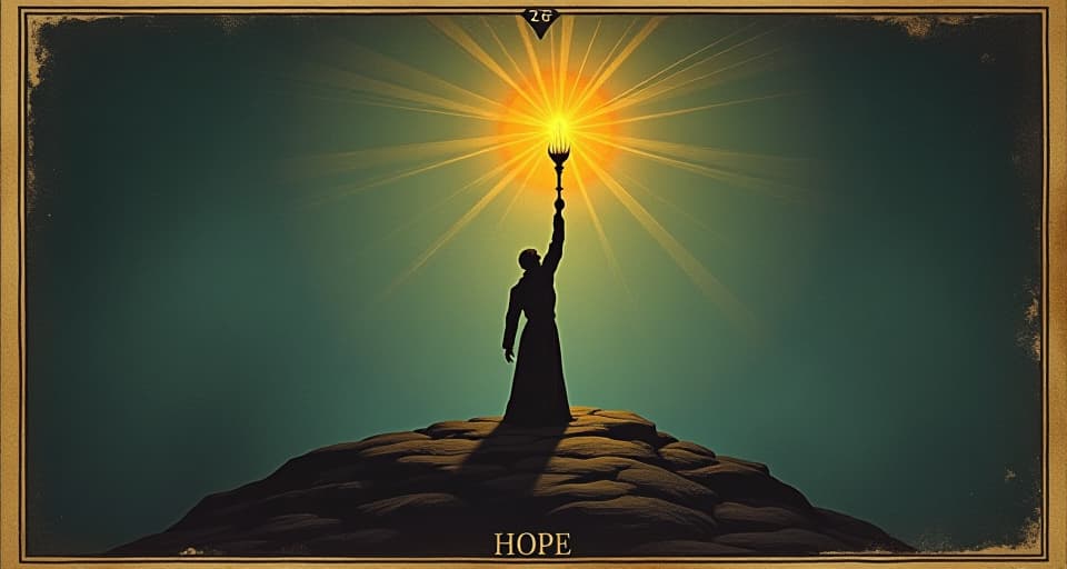  a lone figure holding a radiant torch high above, dark shadows retreating, resilient stance, torchlight illuminating the path, guide, beacon of hope. an illustration in the style of a worn, mystical old tarot trump card, mysterious and elements of surrealism. the colors are muted, somber and eerie, but with contrast bring out an occult and esoteric vibe.