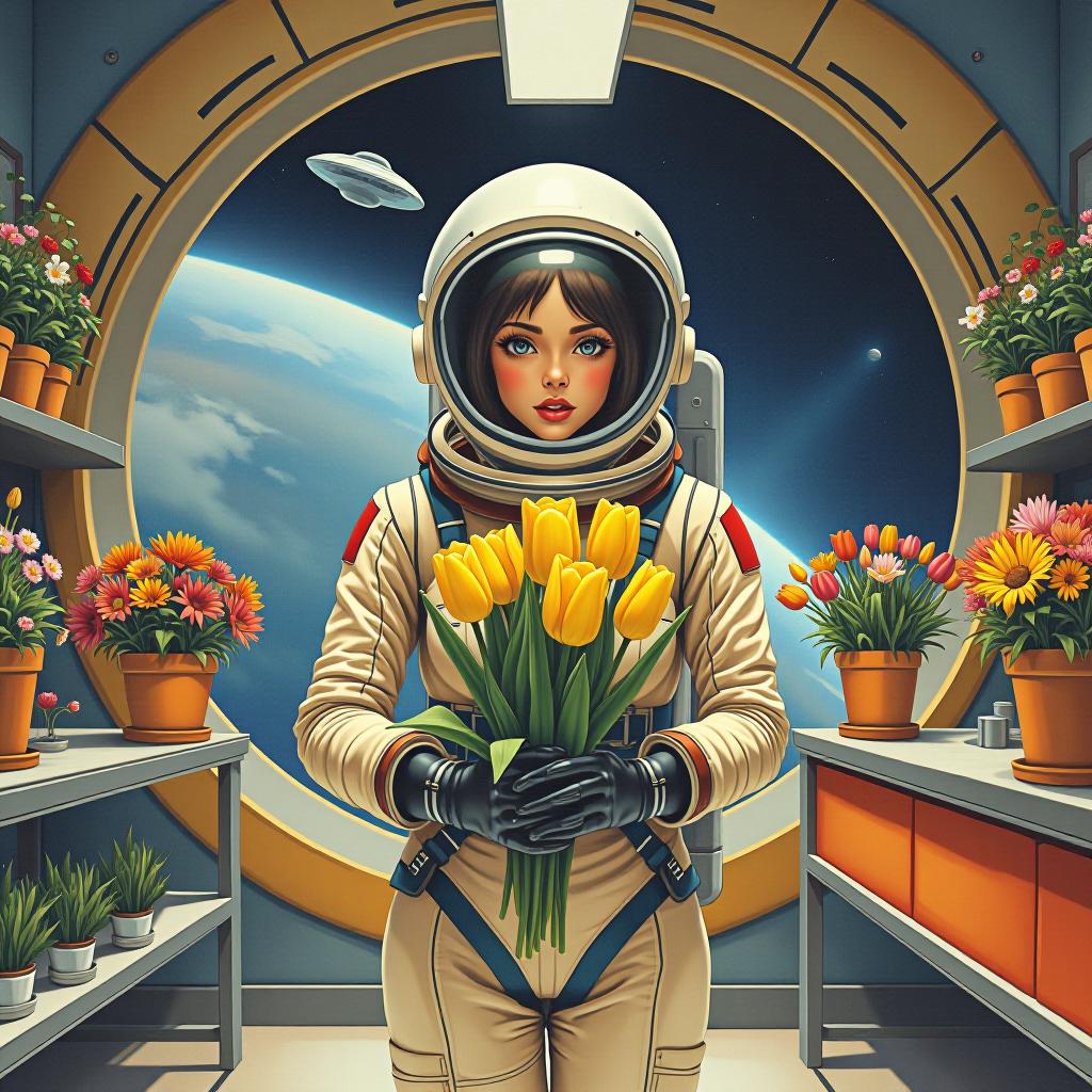  hyperrealistic art masterpiece. painting. (painting watercolor.beautiful girl astronaut in a spacesuit, with an open face, stands at full height, holding in her hand tulips yellow (five pieces:1. 5) on the background of a flower space store round, with portholes, with shelves for pots with different beautiful, numerous flowers, colors of many different shades, and a counter, in the porthole you can see space and a flying saucer, and next to stands android cat, on the walls, around the porthole and on the ceiling, wicker plants like ivy and traedescantia:1.5). high sharpness, high detail, high resolution. style watercolor sergei andriyaki. leaks, stains. . extremely high resolution details, photographic, realism pushed to extreme, fine textu