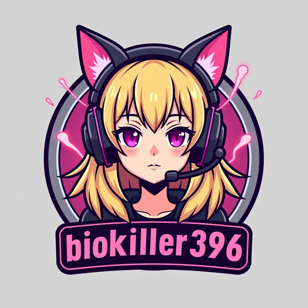  design a logo, blonde gamer girl with a cat ear headset with pink lights and smoke , with the text 'biokiller396'.