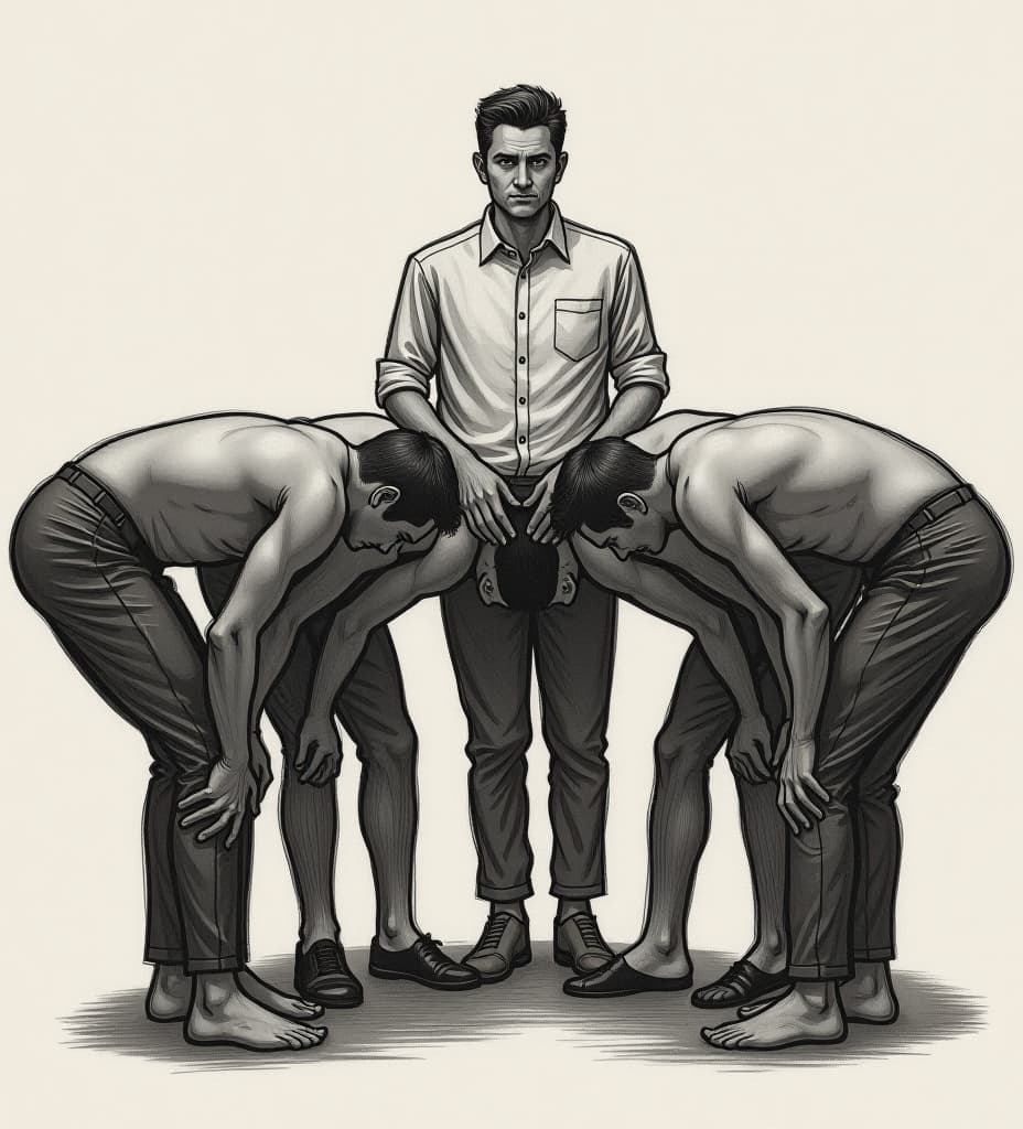  multiple guys bending over in a line and a man standing behind them with a stamp