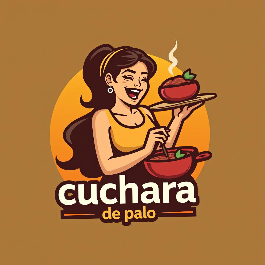  design a logo, una mujer moviendo con una cuchara de palo una olla con comida , with the text 'cuchara de palo'.