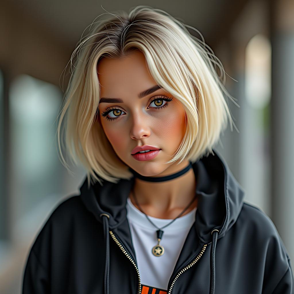  make an image of a woman short haired blonde bob dressed in streetwear with dark brown eyes