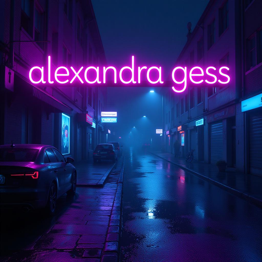  neon noir logo for the group in big letters "alexandra gess" light purple and blue, white with shells and horses . cyberpunk, dark, rainy streets, neon signs, high contrast, low light, vibrant, highly detailed