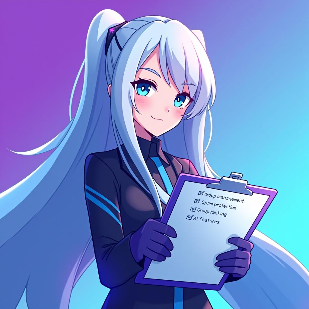  good quality, high quality, a profile picture for a telegram group management bot featuring emilia from re:zero. emilia is depicted with her silver hair and blue eyes, holding a stylized clipboard with a checklist. checklist in "group mangement" "spam protection" "group ranking" "ai features", the background is a soft gradient of telegram logo purple and blue, symbolizing efficiency and organization. the telegram iconic logo is subtly integrated into the background, starting small near emilia and gradually growing in size and brightness as it moves outward, blending smoothly with the gradient color,