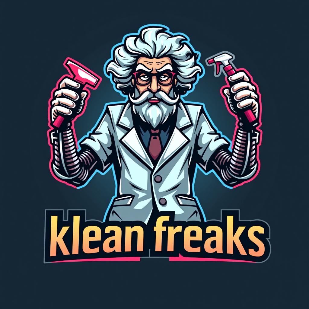  design a logo, a mad scientist with mechanical arms holding cleaning supplies . title klean freaks , with the text 'klean freaks '.