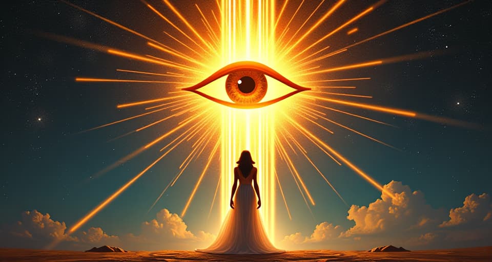  radiant eye of horus, glowing with energy, a large busted goddess in a sheer gown standing before it, harmonious aura, attracting the best energies. the style is digital art illustration / modern comic book / mysterious occult, symbolic, esoteric vibe,high detail on character design, incorporating ancient egyptian symbology and attire.