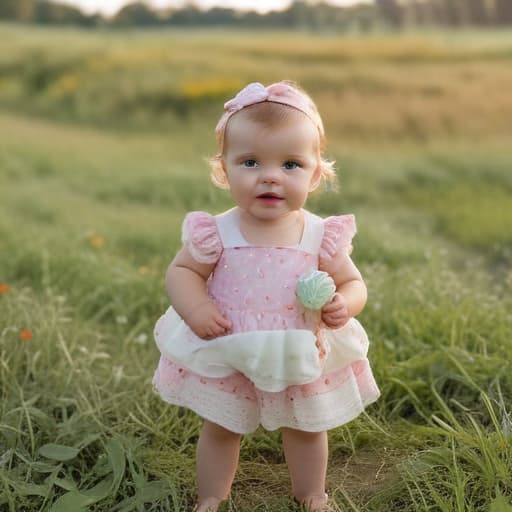Coloque um bebê de 6 meses com vestido de sorvete em uma festa de aniversário de sorvete em um campo muito bonito, não precisa ser realista