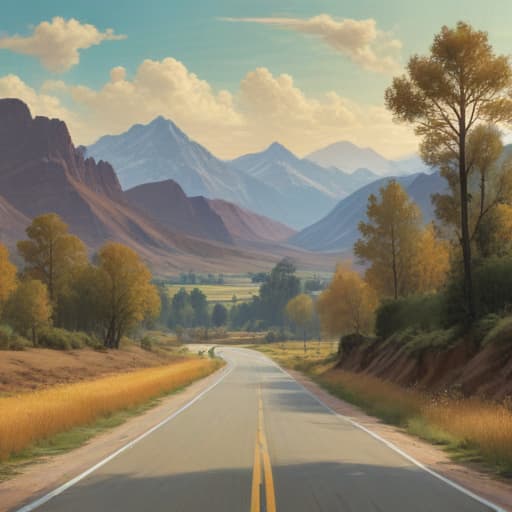 Depict a serene landscape with earthy tones and elements like mountains, trees, and fields. Integrate subtle automotive pieces into the scenery, such as a winding road or a sleek car in the distance in Van Gogh style with Mountains background