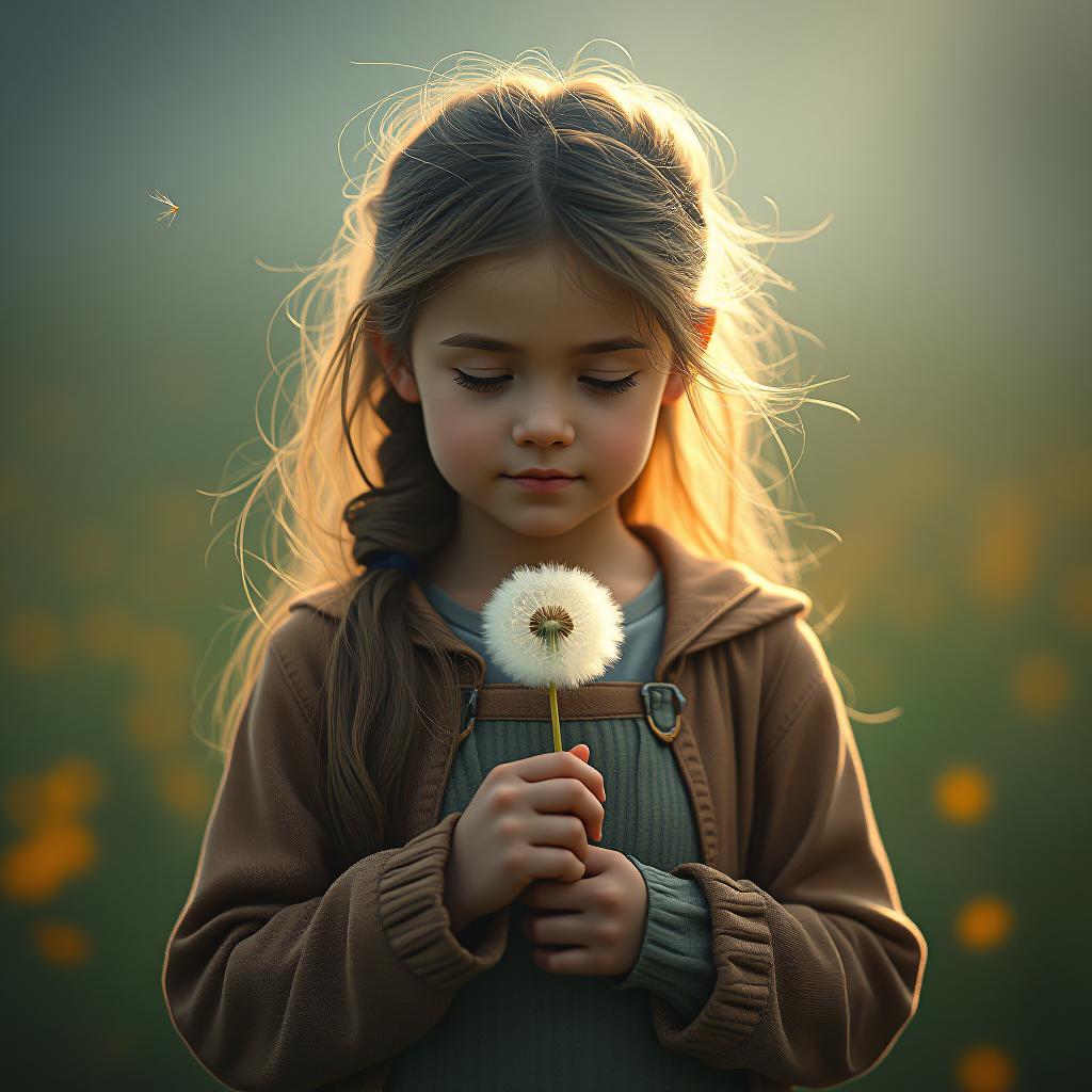  the girl with a dandelion, behind her is her family system. hyperrealistic, full body, detailed clothing, highly detailed, cinematic lighting, stunningly beautiful, intricate, sharp focus, f/1. 8, 85mm, (centered image composition), (professionally color graded), ((bright soft diffused light)), volumetric fog, trending on instagram, trending on tumblr, HDR 4K, 8K