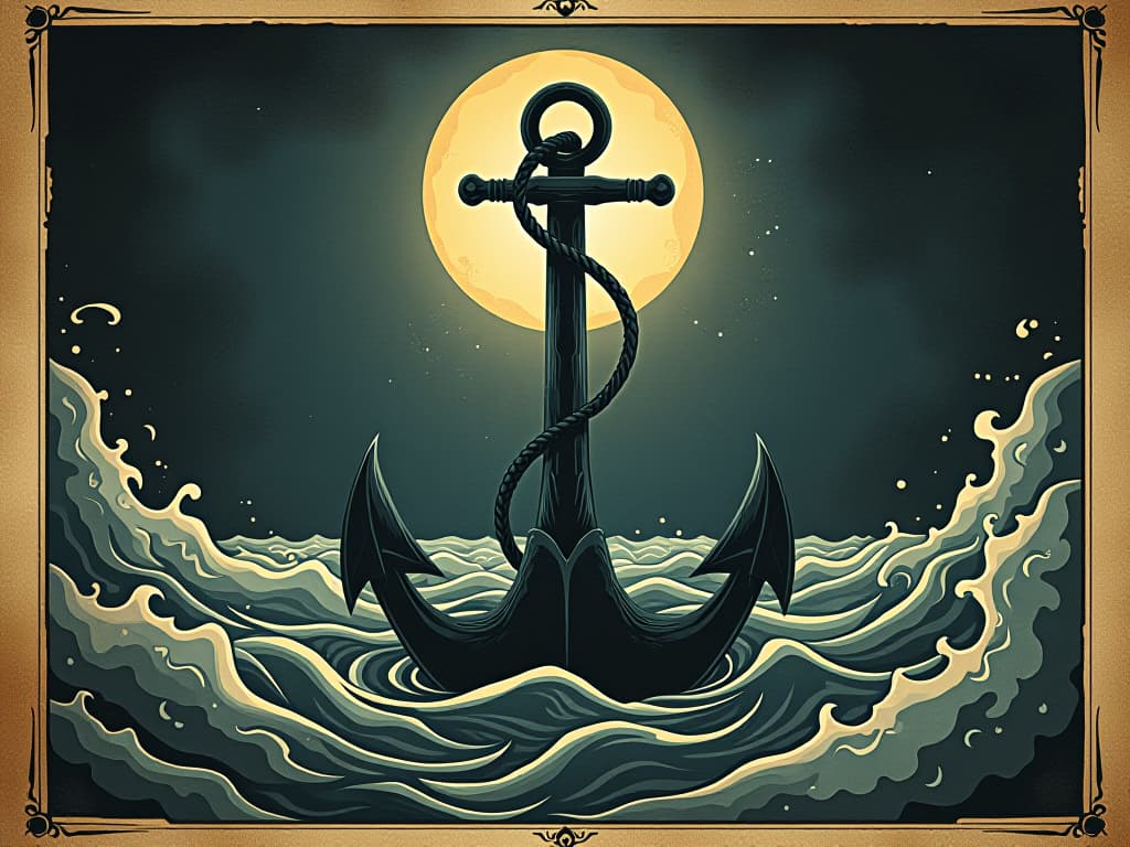  anchor deeply rooted, surrounded by turbulent waters, unmovable, steadfastness, tranquility. an illustration in the style of a worn, mystical old tarot trump card, mysterious and elements of surrealism. the colors are muted, somber and eerie, but with contrast bring out an occult and esoteric vibe.