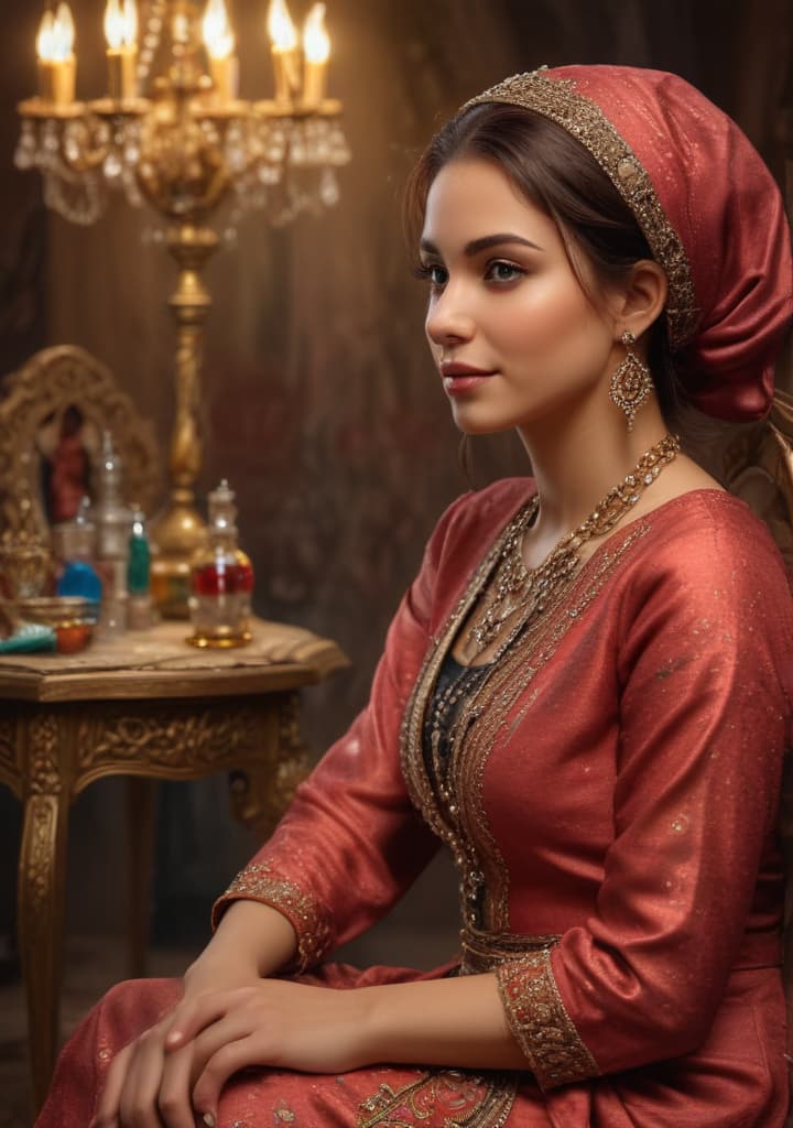 woman lslamek ramadan jewelry Royal looking in camera oil painting and 8n chair highly detailed,studio lighting,professional,vivid colors, cinematic lighting, HDR, UHD, 4K, 8k, 64K