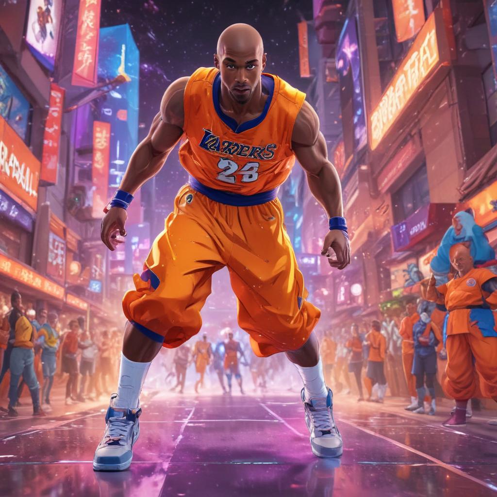 distance-shot, flashy, full-body, dynamic, holographic, animated cartoon poster of kobe scene in the style of dragon ball super