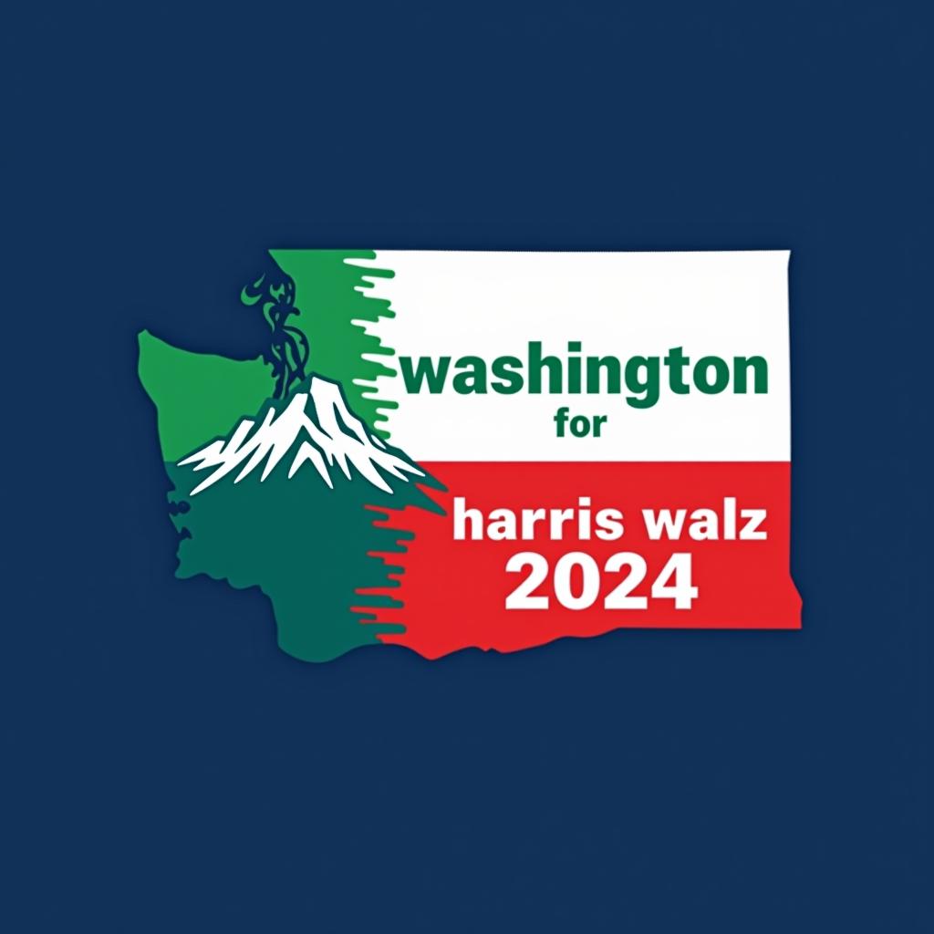  a tshirt design inspired by the washington state flag. the left side features a green vertical stripe with a large mountain in the center. the right side is divided into two horizontal sections: the top section is white with the text 'washington for' in bold, green, uppercase letters, and the bottom section is red with the text 'harris walz 2024' in bold, white, uppercase letters. the overall layout is clean and straightforward, with a clear and patriotic color scheme of blue, white, and red.