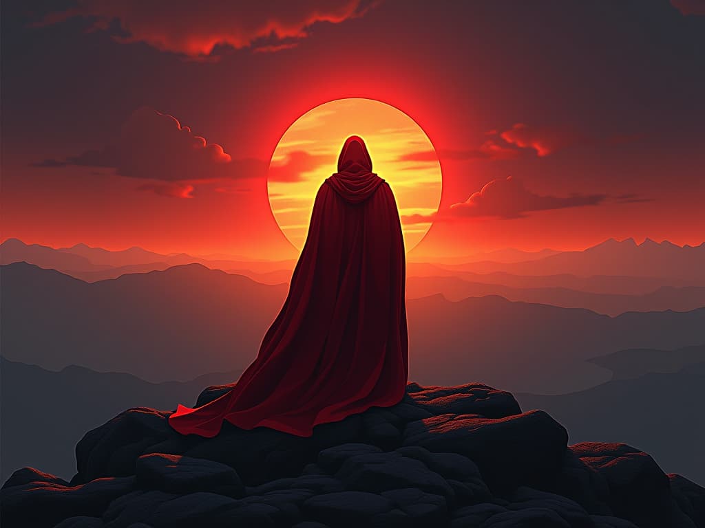  figure in red robe standing at dawn, light breaking over horizon, body and spirit in harmony. the style is digital art illustration / modern comic book / graphic dark novel fantasy and mysterious occult, symbolic, moody lighting, esoteric vibe,high detail on character design. for the color scheme emphasize blacks and reds.