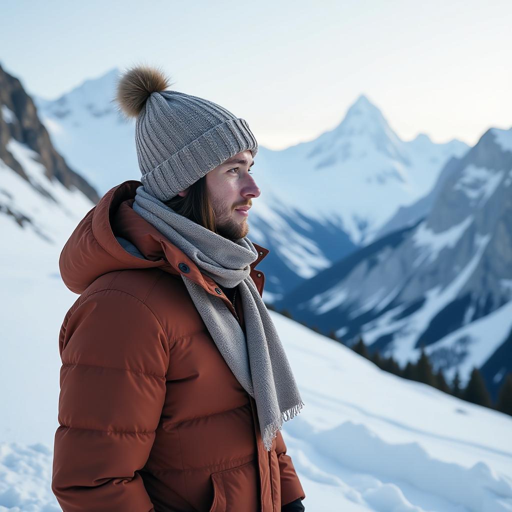  an individual warmly dressed in winter attire, including a beanie and scarf, stands amidst a stunning snowy mountain landscape, capturing the essence of a serene and cold environment, high quality, high details, hd, perfect composition, 4k epic detailed, highly detailed, sharp focus, high resolution