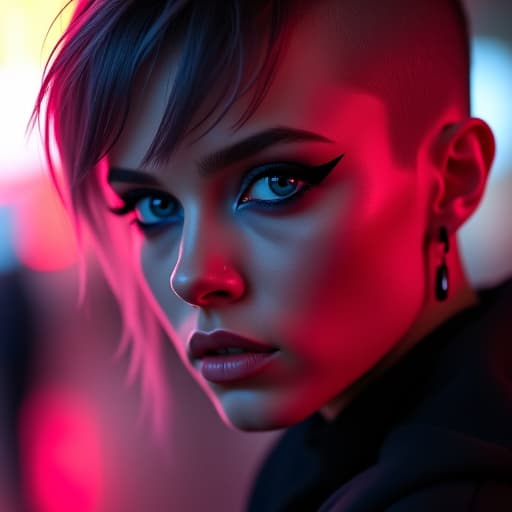  ultra realistic close up portrait ((beautiful pale cyberpunk female with heavy black eyeliner)), blue eyes, shaved side haircut, hyper detail, cinematic lighting, magic neon, dark red city, canon eos r3, nikon, f/1.4, iso 200, 1/160s, 8k, raw, unedited, symmetrical balance, in frame, 8k hyperrealistic, full body, detailed clothing, highly detailed, cinematic lighting, stunningly beautiful, intricate, sharp focus, f/1. 8, 85mm, (centered image composition), (professionally color graded), ((bright soft diffused light)), volumetric fog, trending on instagram, trending on tumblr, HDR 4K, 8K