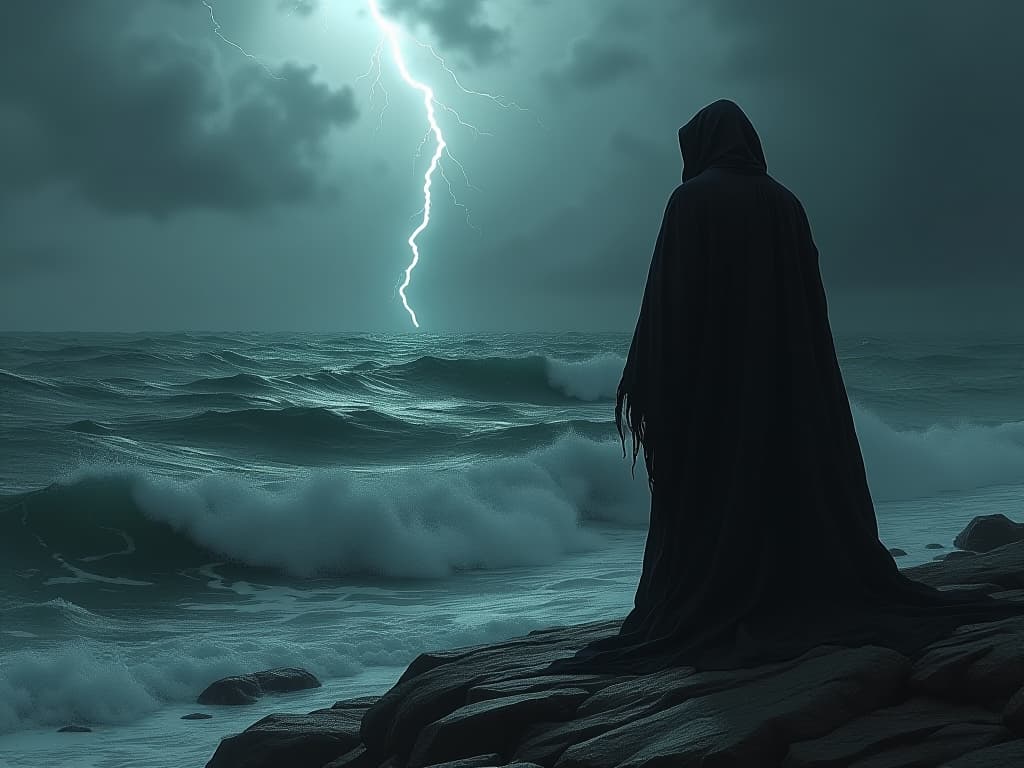  a shadowy figure, dressed in tattered robes, standing on the shores of a dark, swirling sea. the sky is overcast, with storm clouds in the distance, lightning flickering. the figure gazes out at the tumultuous waters, symbolic of missed opportunities and the tumultuous nature of their life.. the style is dark fantasy and mysterious occult, symbolic, moody lighting, esoteric vibe,high detail on character design. for the color scheme emphasize blacks and reds.