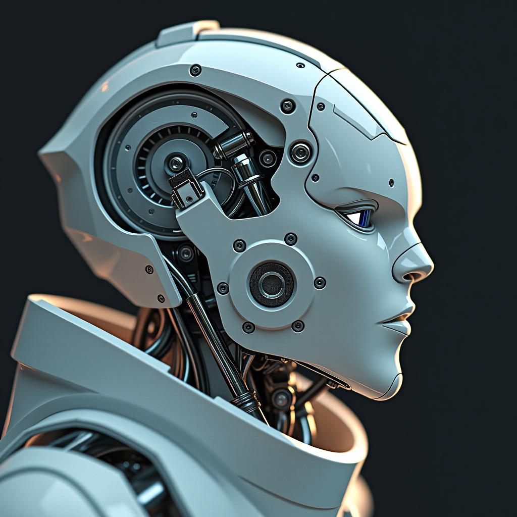  mechanical robot, white, visible parts, screws, advanced ai, digital illustration, futuristic art style, art station inspiration, highly detailed, digital painting, studio lighting, high resolution, 3d render, realistic photographic style, with a 50mm lens., award winning, professional, highly detailed, masterpiece