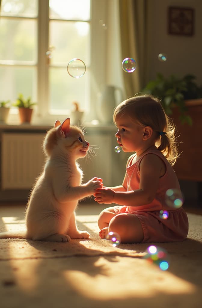  cinematic film style, girl and kitten playing with colorful bubbles in a bright room ar 2:3, shallow depth of field, vignette, maximum details, high budget hollywood movie, bokeh, cinemascope, moody, epic, gorgeous, sun rays and shadows on furniture and surfaces, flattering light, raw photo, photography, photorealistic, 8k resolution, f1.4, sharpened focus, sharp focus