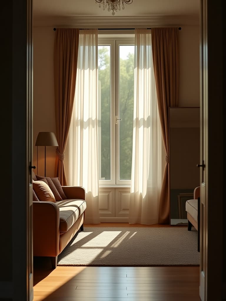  high quality portrait photo of a small living room with a large window allowing natural light to flood in, featuring light, sheer curtains and a strategically placed mirror to reflect the light, shot from the entrance hyperrealistic, full body, detailed clothing, highly detailed, cinematic lighting, stunningly beautiful, intricate, sharp focus, f/1. 8, 85mm, (centered image composition), (professionally color graded), ((bright soft diffused light)), volumetric fog, trending on instagram, trending on tumblr, HDR 4K, 8K