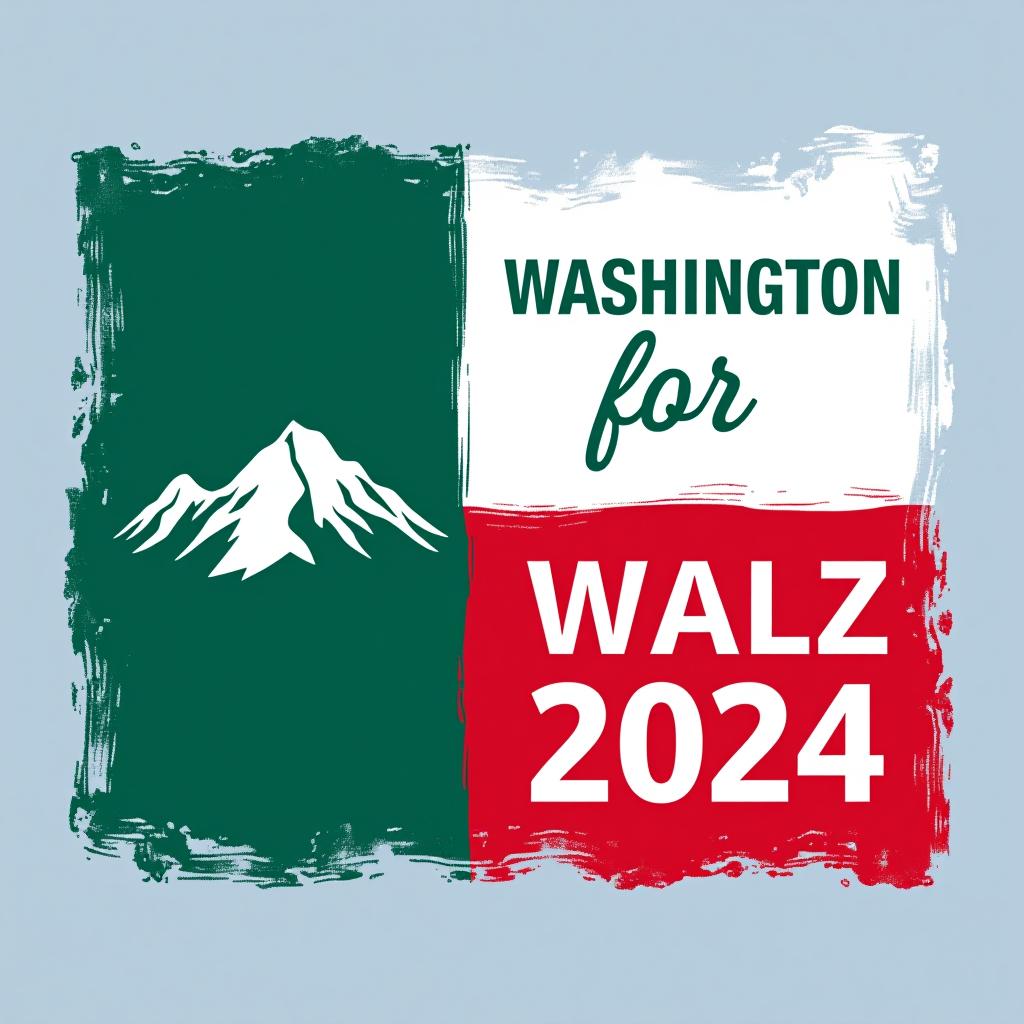  a tshirt design inspired by the washington state flag. the left side features a green vertical stripe with a large mountain in the center. the right side is divided into two horizontal sections: the top section is white with the text 'washington for' in bold, green, uppercase letters, and the bottom section is red with the text 'harris walz 2024' in bold, white, uppercase letters. the overall layout is clean and straightforward, with a clear and patriotic color scheme of blue, white, and red.