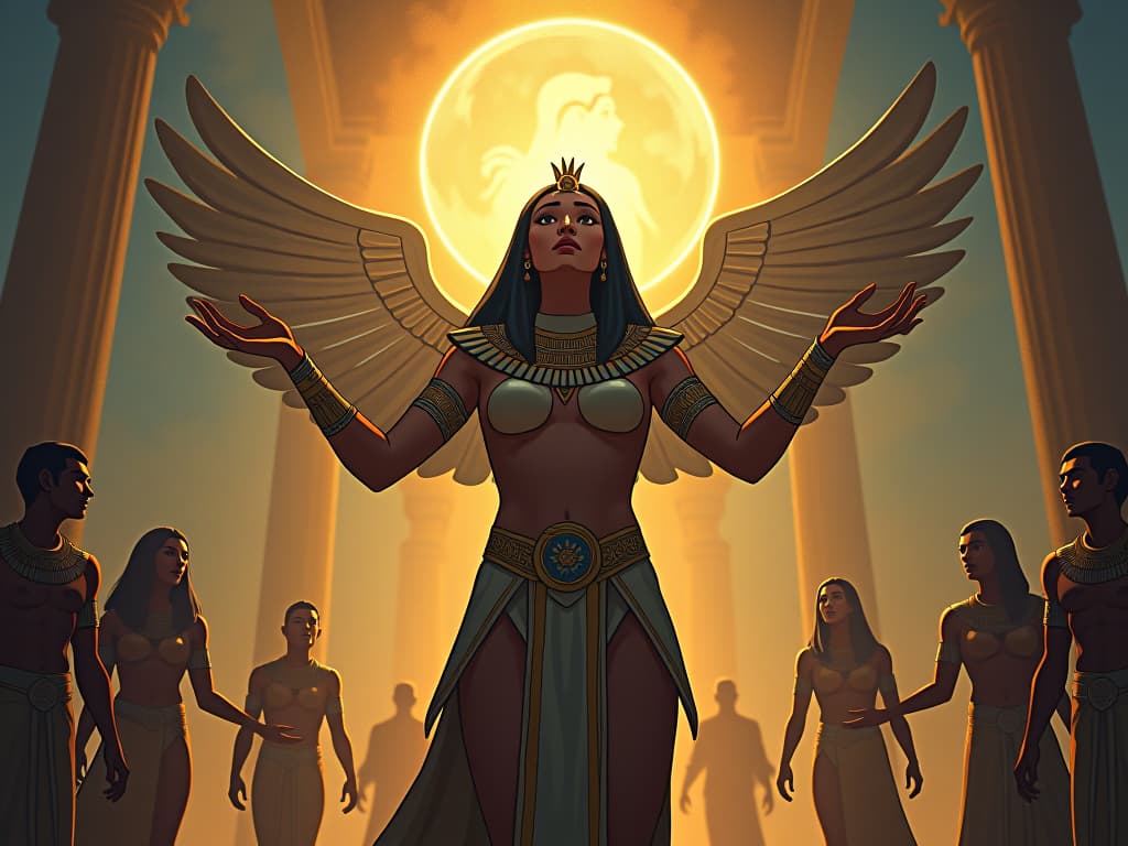  a radiant presence, large busted and in form fitting attire, inspiring a group with outstretched hands, mood of opening minds to infinite possibilities. the style is digital art illustration / modern comic book / mysterious occult, symbolic, esoteric vibe,high detail on character design, incorporating ancient egyptian symbology and attire.