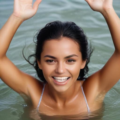 face of tanned woman floundering in water. she wave her arms