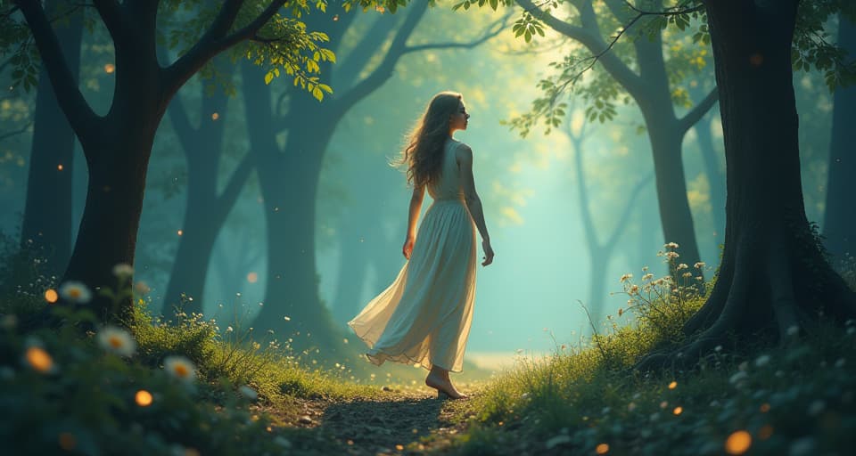  an ethereal female figure walking confidently through an enchanted forest, trees glowing softly, representing alignment with purpose. the style is digital art illustration,highly detailed, whimsical,magical, dreamlike atmosphere, realism and fantasy blend, smooth, glossy textures,luminous quality, wonder and enchantment.