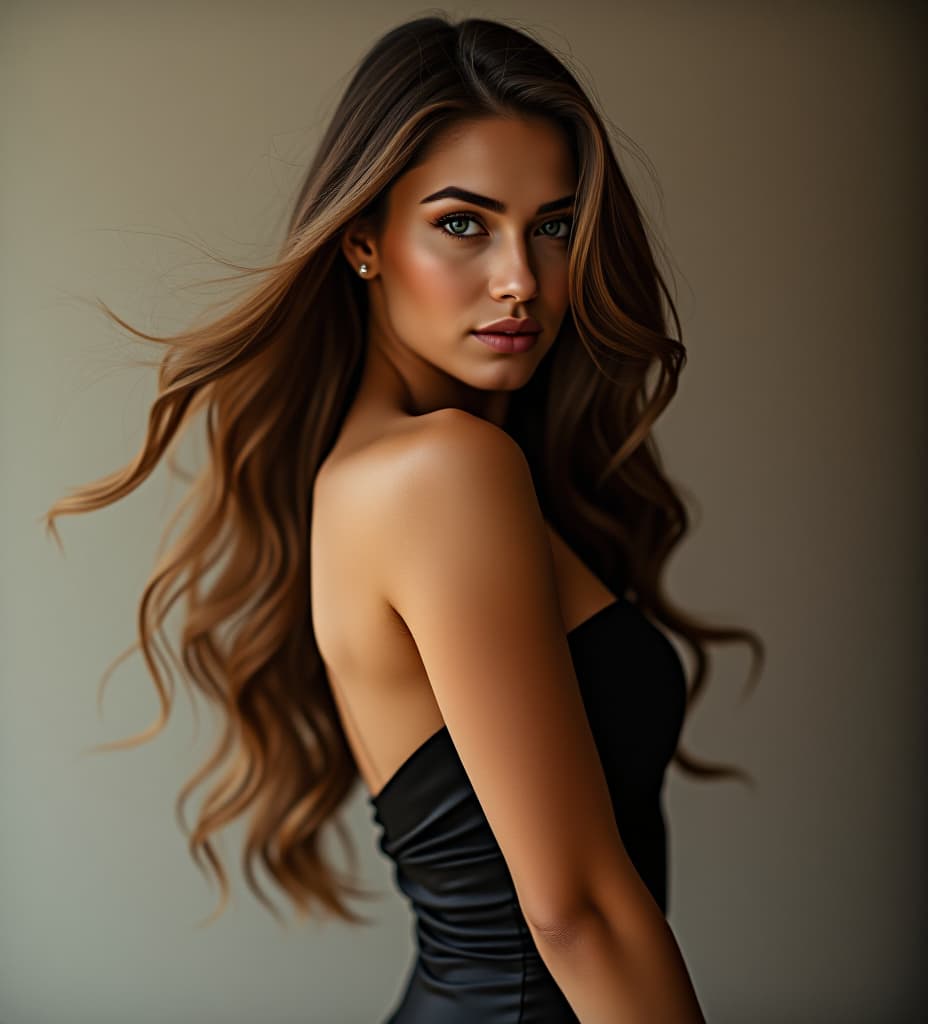  a stunning woman with long flowing hair and elegant features strikes a sensual pose, exuding confidence and allure. she is dressed in a luxurious gown, with soft lighting accentuating her beauty.