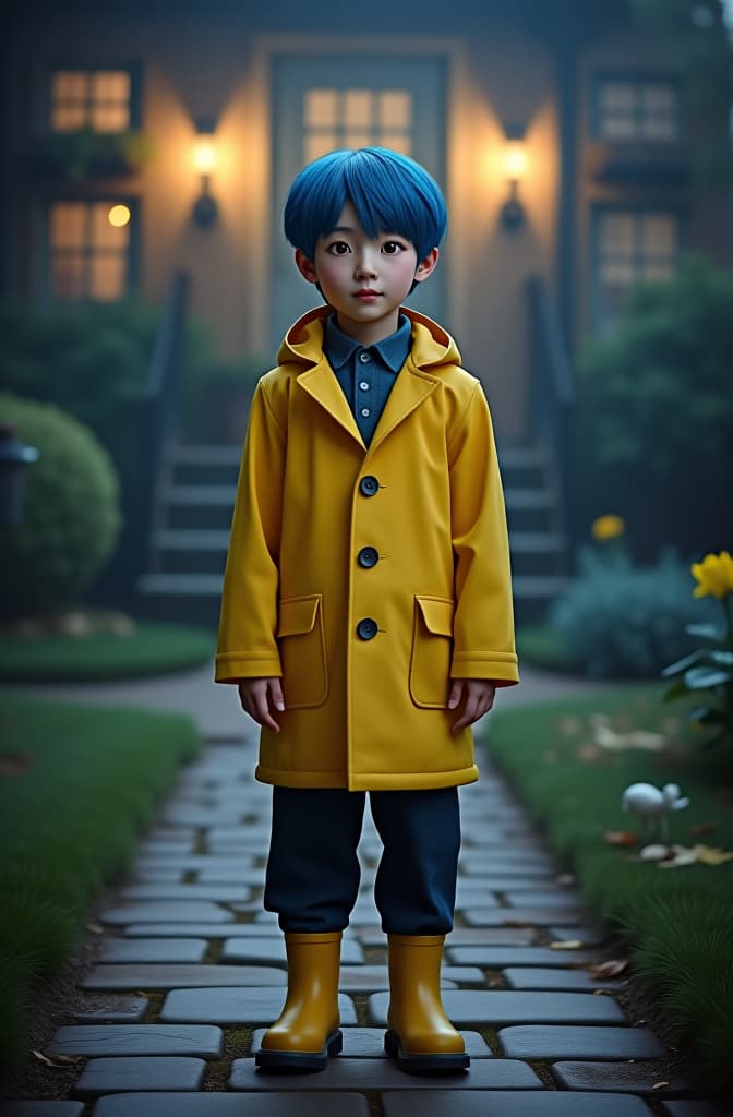  create a realistic image of jeon jungkook from bts, portraying the character coraline in a live action adaptation of the movie 'coraline.' he should have coraline's signature blue hair, button eyes, and wear a yellow raincoat with matching boots. the background should evoke the eerie, whimsical atmosphere of the coraline movie, with a blend of the real world and the other world, including elements like the iconic door and spooky garden. hyperrealistic, full body, detailed clothing, highly detailed, cinematic lighting, stunningly beautiful, intricate, sharp focus, f/1. 8, 85mm, (centered image composition), (professionally color graded), ((bright soft diffused light)), volumetric fog, trending on instagram, trending on tumblr, HDR 4K, 8K