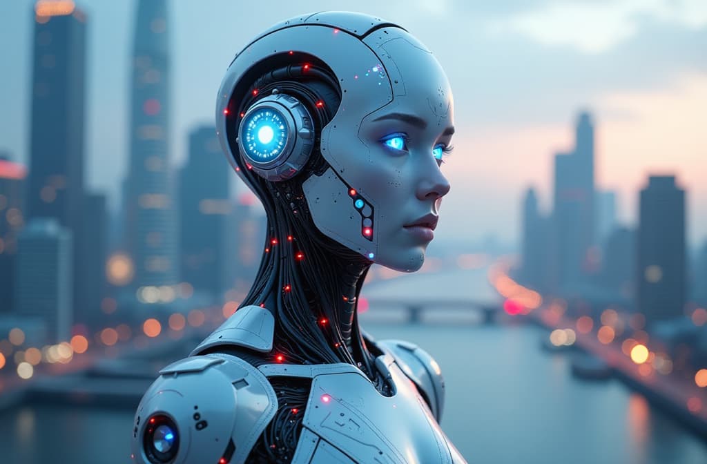  "create an imaginative humanoid character that embodies the essence of artificial intelligence, featuring sleek metallic skin with intricate circuitry patterns glowing softly. the character should have expressive, intelligent eyes showcasing a soft blue glow. surround them with a futuristic cityscape, filled with holographic displays and advanced technology, blending seamlessly into the skyline. include elements like digital data streams flowing around them and an ethereal aura that suggests a deep connection to the digital realm." hyperrealistic, full body, detailed clothing, highly detailed, cinematic lighting, stunningly beautiful, intricate, sharp focus, f/1. 8, 85mm, (centered image composition), (professionally color graded), ((bright soft diffused light)), volumetric fog, trending on instagram, trending on tumblr, HDR 4K, 8K