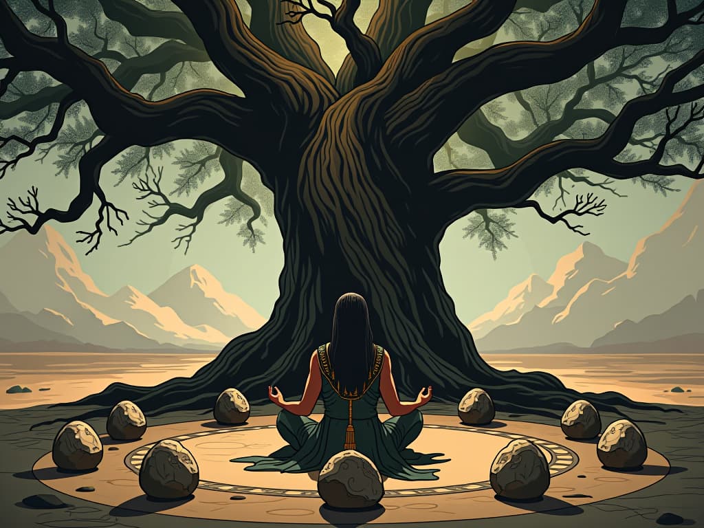  a person meditating under an ancient, gnarled tree, surrounded by stones arranged in a sacred circle, sense of ritual and reverence. the style is digital art illustration / modern comic book / mysterious occult, symbolic, esoteric vibe,high detail on character design, incorporating ancient egyptian symbology and attire.