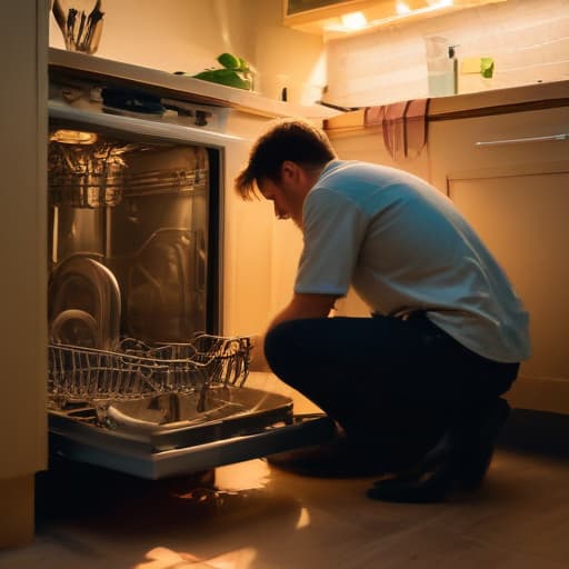 A photo of a skilled technician repairing a malfunctioning dishwasher in a dimly-lit kitchen during the late evening with a soft, warm glow emanating from the open dishwasher door, casting dramatic shadows across the room.