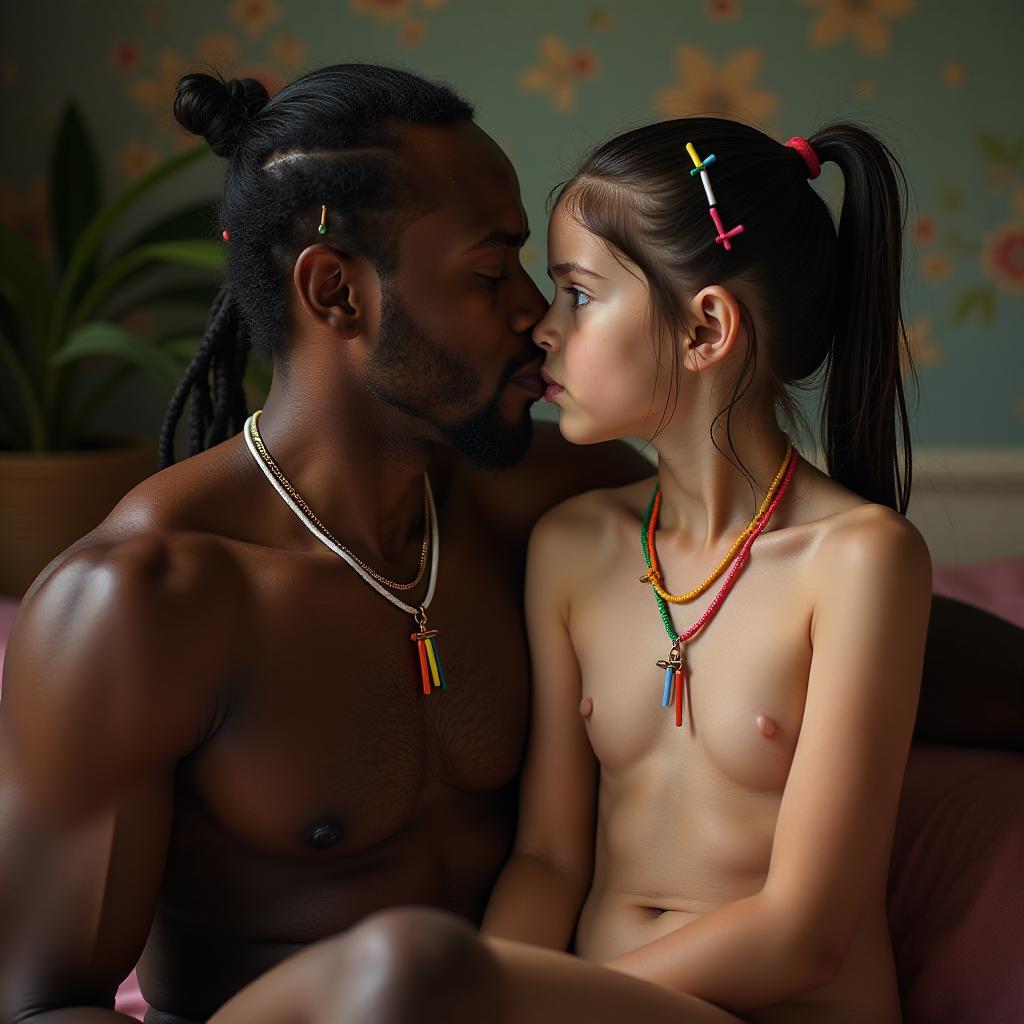  a (professional age gap couple boudoir session style photo by bare boudoe studio) with ((pre "punky brewster" age 10)) as the focal point, she is looking very pretty while sitting closely beside a black man and pionately ing his . ((she is ing the black man's without mushroom to seduce him)). (((her face is soaking with water droplets))), ((she is a very skinny girl)), (she is caucasian, she has pale skin, she has blueish eyes, she has s black hair in a ponytail with rainbow colored clips), (she also has 3 rainbow colored necklaces and 3 rainbow colored celets on), (she is very attractive), (she has a flat ), (her erect s are poking out farther from her ribcage). ((she