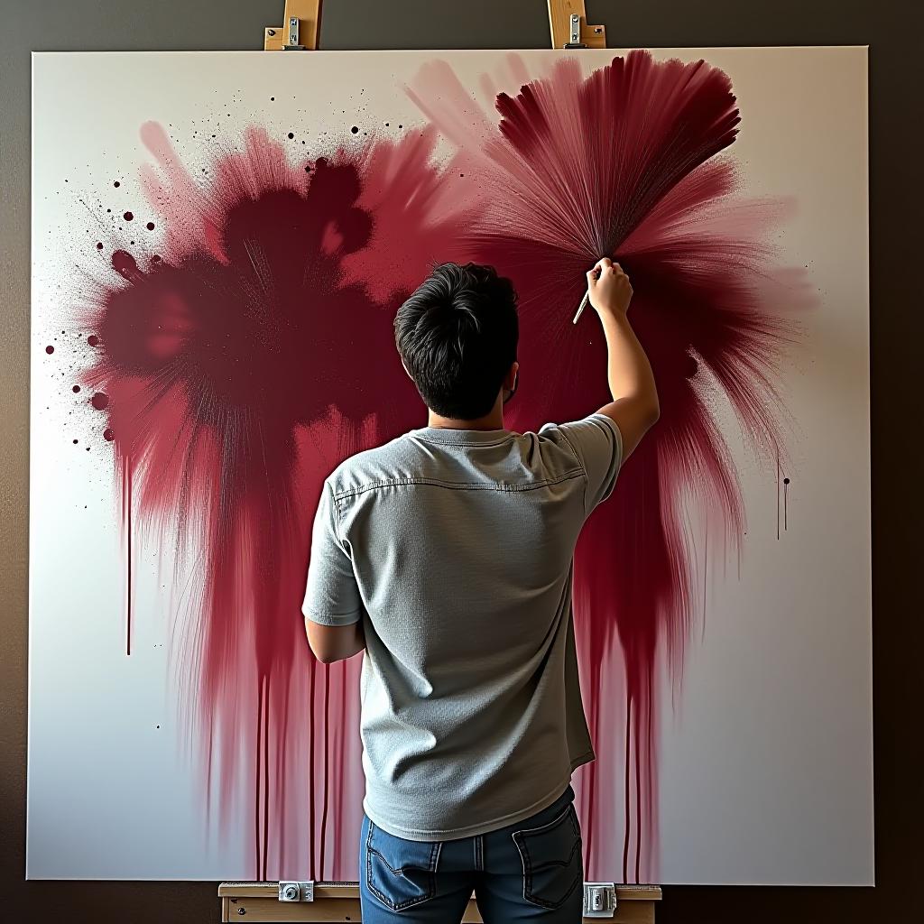  the artist, with his back to the camera, is painting wine on a large canvas, passionately splattering paint.